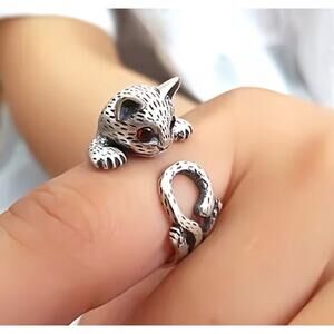 Unique metal spotted cat ring adjustable striking red crystal accents